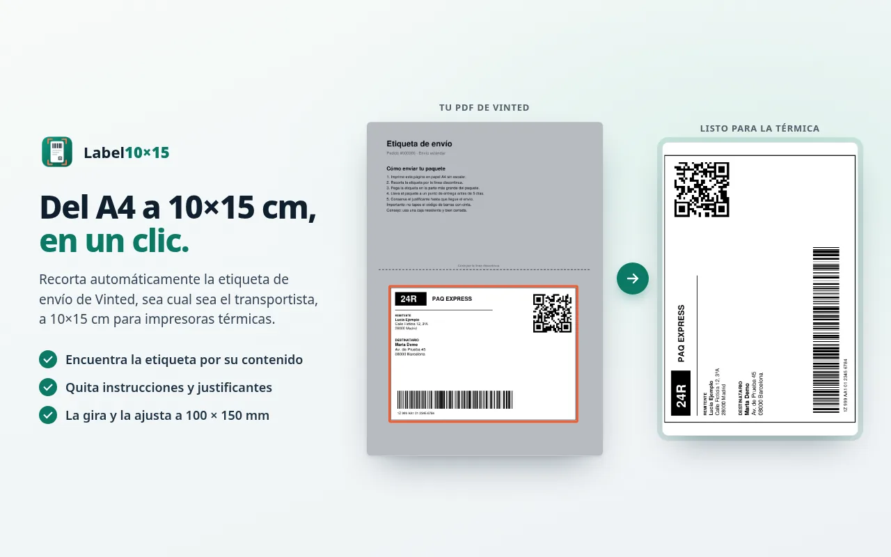 Antes y después: una hoja A4 de Vinted con la etiqueta marcada y la misma etiqueta recortada a 10×15 cm