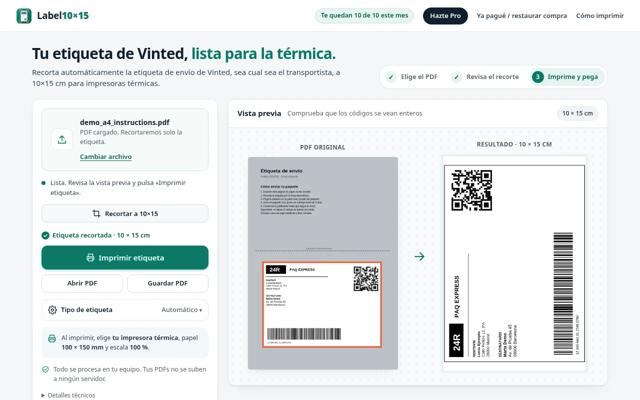 Preparador de Label10x15 con el PDF original a la izquierda y la etiqueta recortada a 10×15 a la derecha