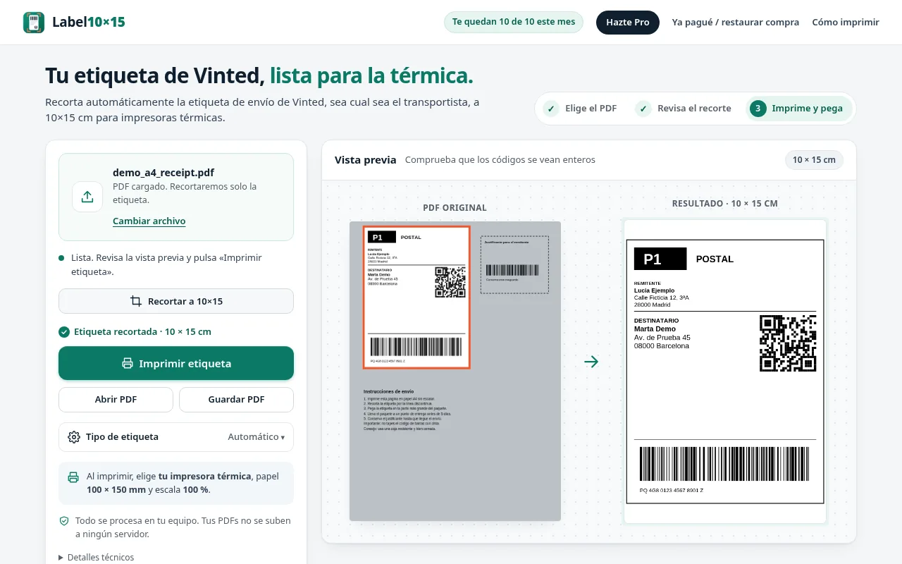 Label10x15 descarta el justificante para el remitente y conserva solo la etiqueta